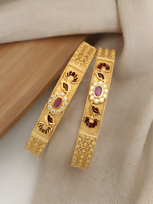 Floral and Gemstone Gold-Plated Bangle Set