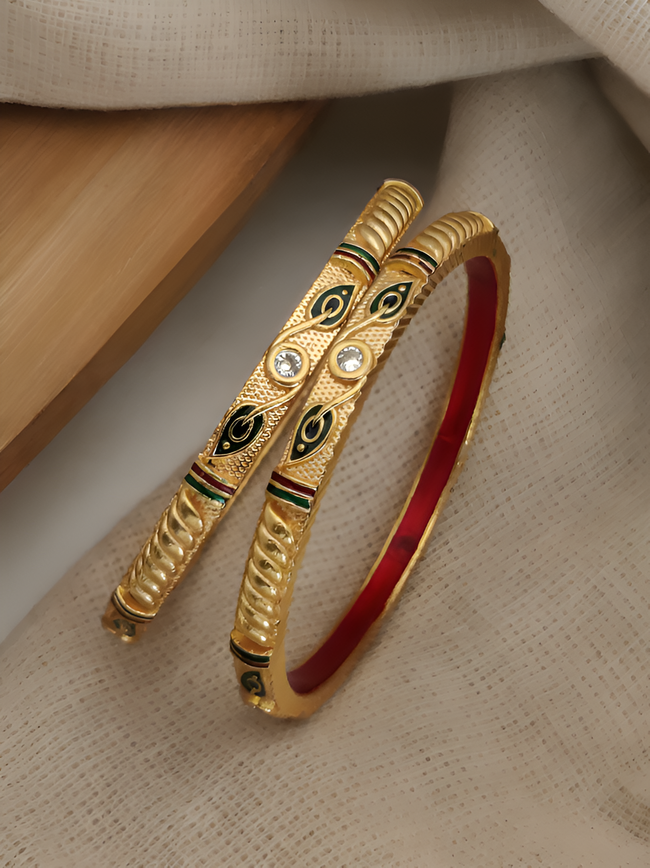 Peacock and Floral Gold-Plated Bangle Set