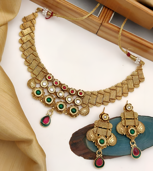 Regal Heritage Gold Necklace Set with Multicolor Gemstones