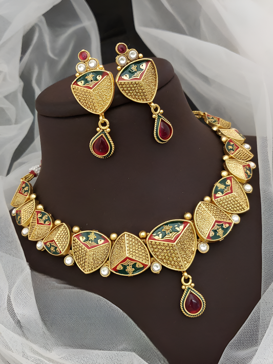 Royal Enamel Gold Necklace Set with Red Drop Gemstones