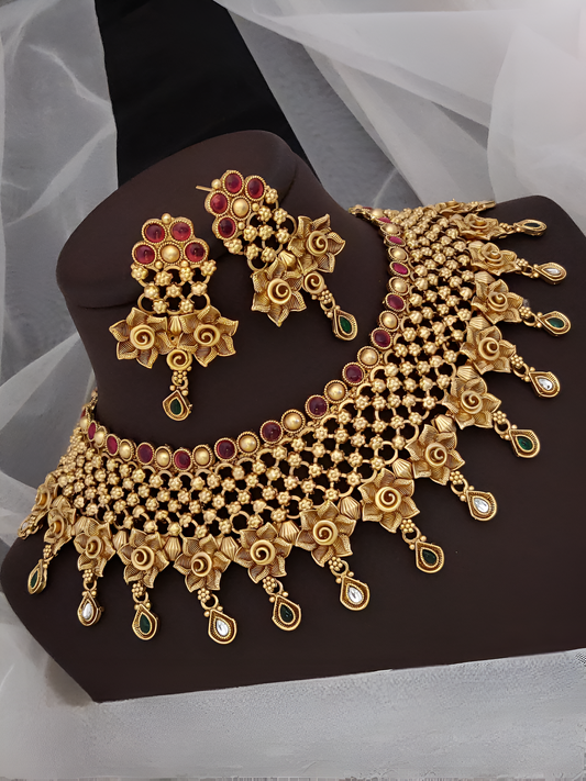 Floral and Gemstone Gold-Plated Necklace Set