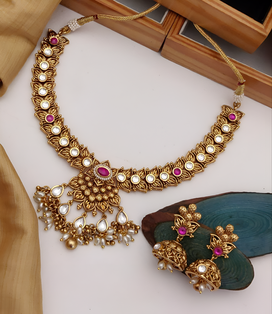 Floral and Gemstone Gold-Plated Necklace Set