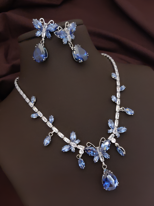 Modern Bridal Jewellery Set: Sapphire Butterfly Necklace & Earrings