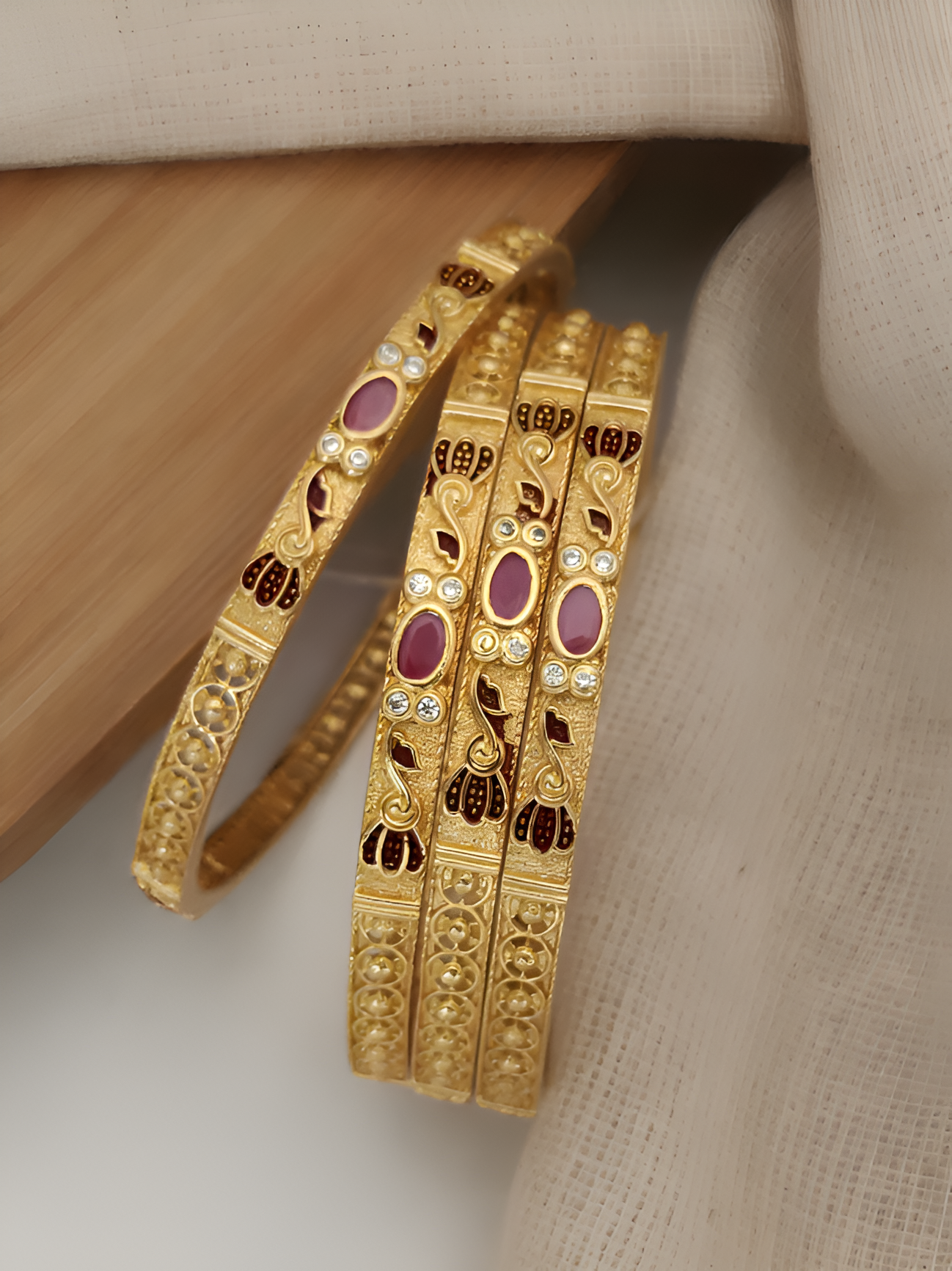 Floral and Gemstone Gold-Plated Bangle Set